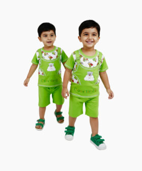 Laku Boys Cotton T-Shirt with Dungaree Style Print & Shorts Set | Cute Bear Design Summer Outfit for Kids Boys