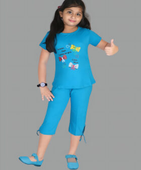 Laku Boys Girls Cotton Printed Top & All Over Print Capri Pyjama Set/Pajama Night Suit Set/Sleep wear Set/Loungewear