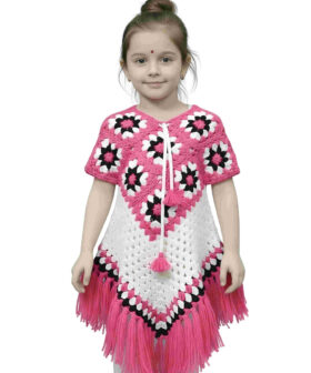 Laku Boys Girls Crochet Poncho Dress | Handcrafted Woolen Knitted Cape Dress for Kids | Floral Pattern Poncho with Tassel Fringe | Traditional & Casual Wear for Girls
