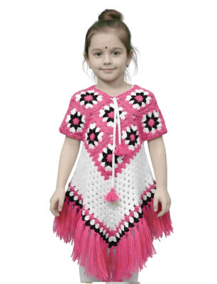 Laku Boys Girls Crochet Poncho Dress | Handcrafted Woolen Knitted Cape Dress for Kids | Floral Pattern Poncho with Tassel Fringe | Traditional & Casual Wear for Girls